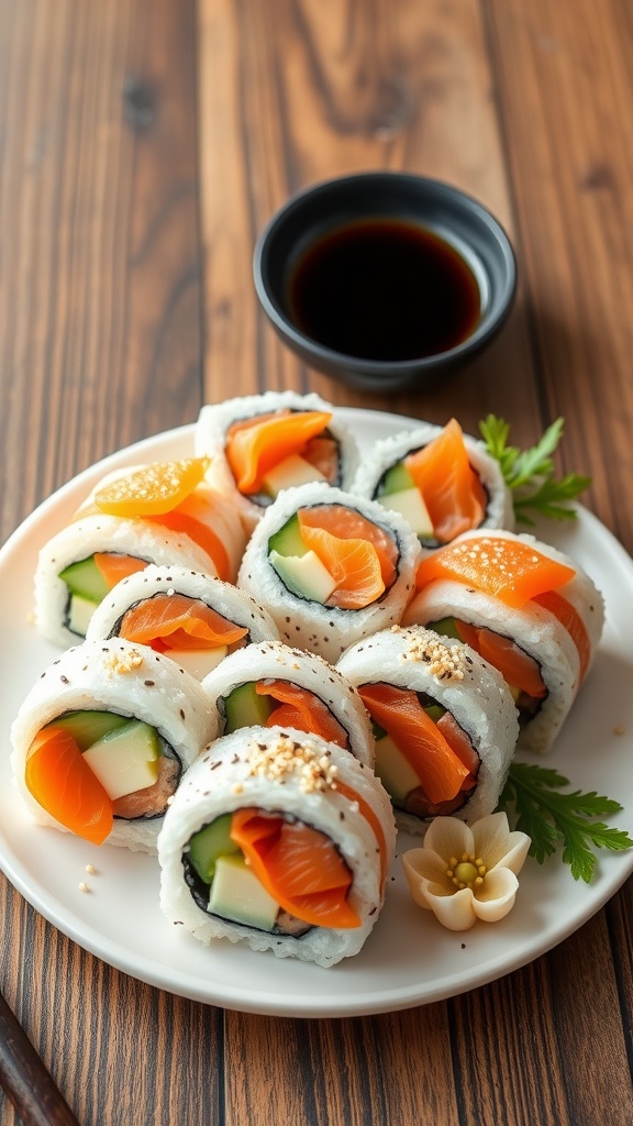 Philadelphia uramaki sushi rolls with cream cheese and salmon on a wooden plate with soy sauce and pickled ginger.